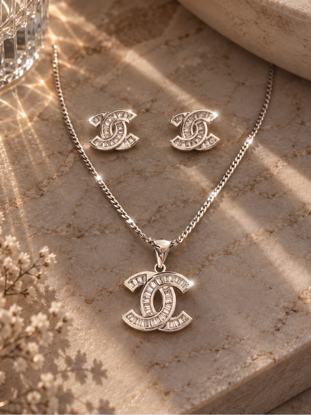 Stainless steel  Silver-Tone CC Crystal Pendant Necklace and Stud Earrings Set
